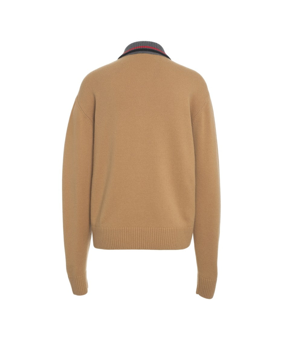N°21 Beige Knit Polo Sweater With Contrast-Striped Collar