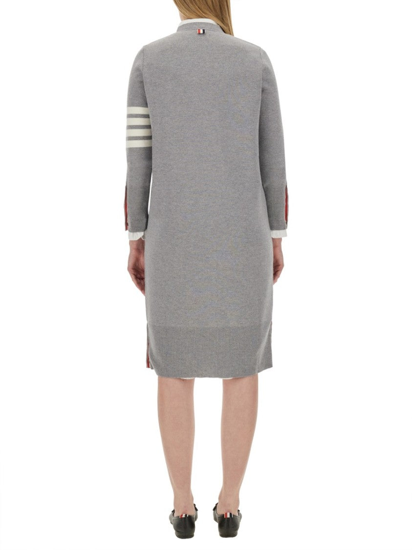Thom Browne Virgn Wool Cardigan Dress With Sporty Stripe Detail