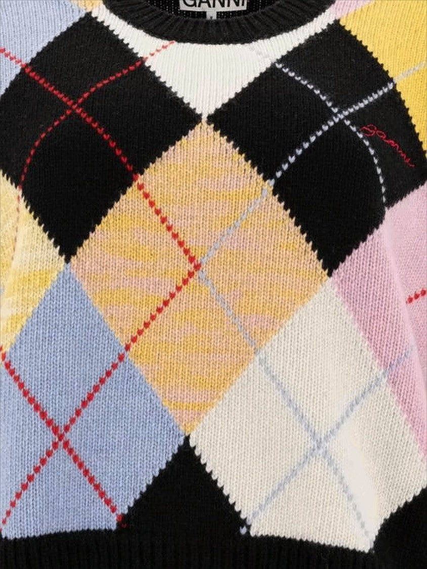 Ganni Cropped Argyle Pattern Sweater With Snug Fit