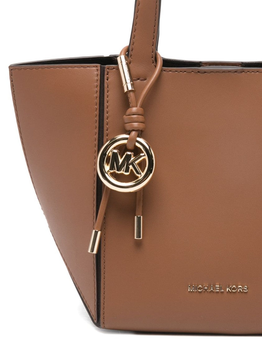 Michael Kors Trapezoidal Brown Leather Tote Bag With Decorative Charm