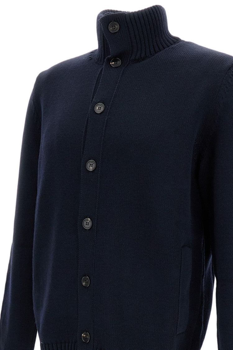 Zanone Oversized Blue Cardigan With High Ribbed Collar And Button Closure
