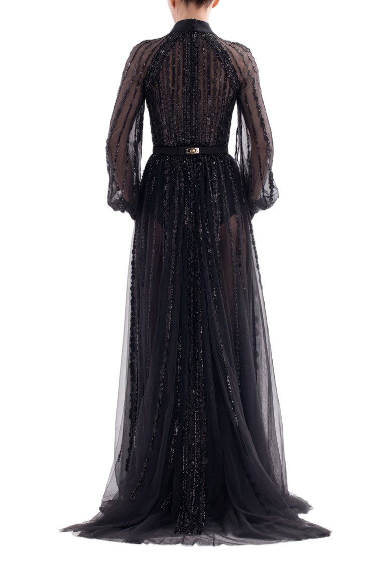 Saiid Kobeisy Black A-Line Sheer Embroidered Evening Dress