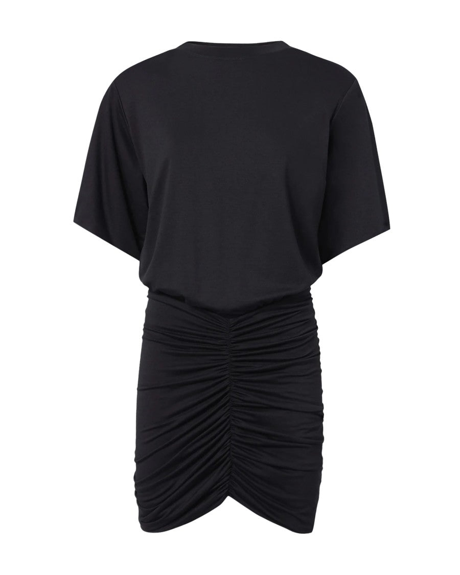 The Andamane Ruched Black Jersey Mini Dress