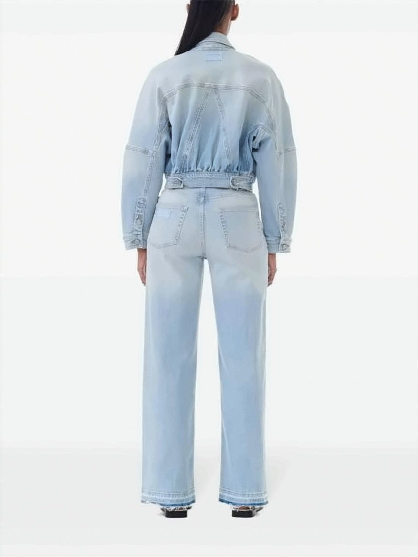 Ganni Light Wash Cropped Denim Jacket With Gathered Hem And Flap Pockets