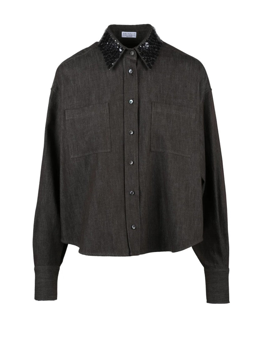 Brunello Cucinelli Short Oversized Cotton Shirt With Sequined Collar And Button Closure