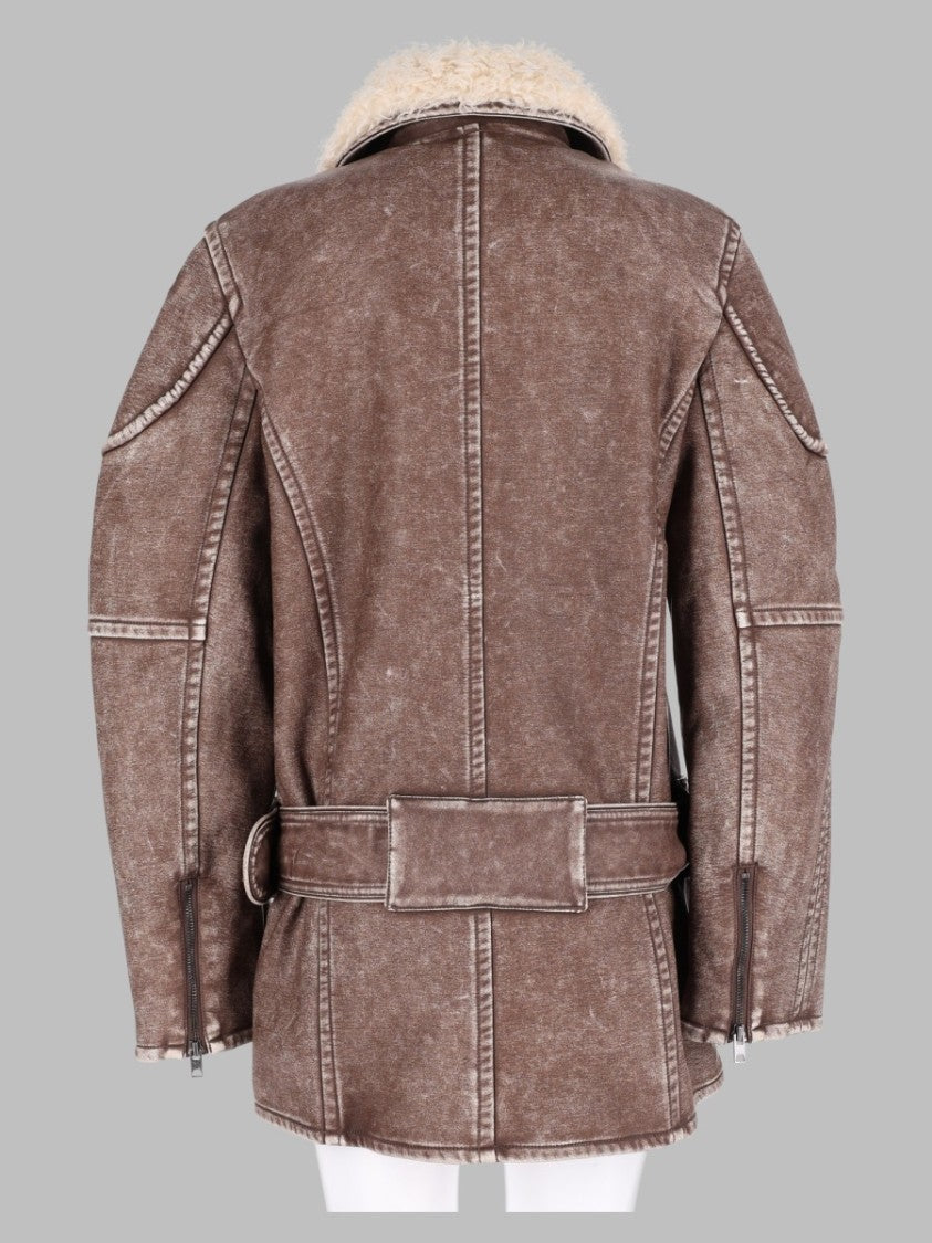 Diesel Brown Distressed Shearling-Collar Polyurethane Jacket
