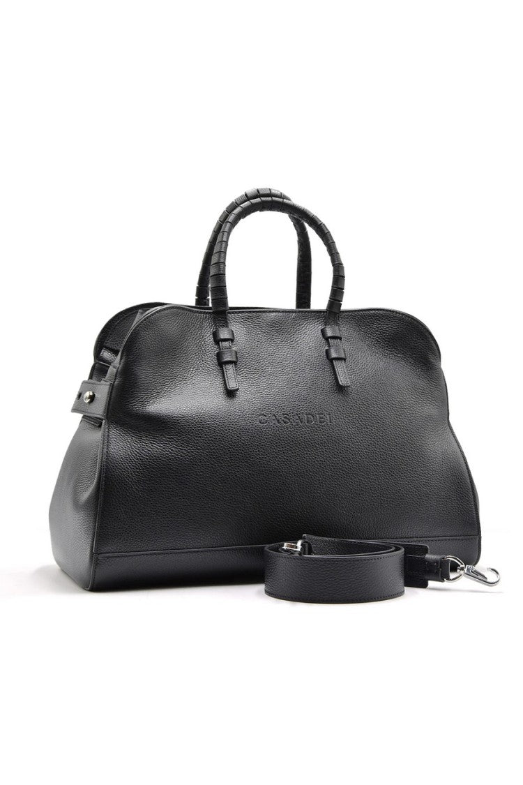 Casadei Black Embossed Logo Dual Top Handle Calf Leather Shoulder Bag
