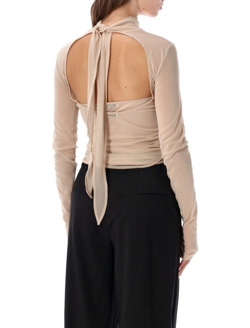 Lemaire Ballerina Scarf Sheer Mesh Jersey Bustier Long-Sleeve Top