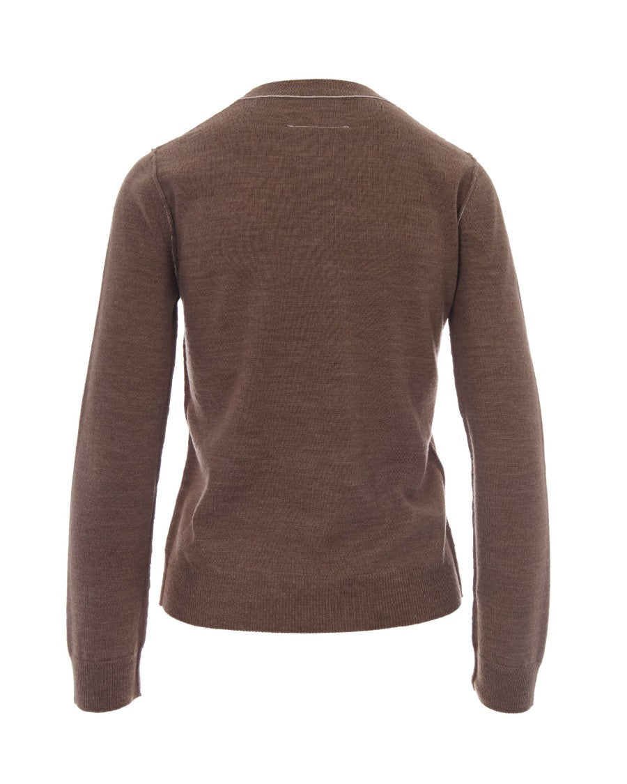 Mm6 By Maison Margiela Fitted Light Brown Knit Top With Contrasting Stitch Details