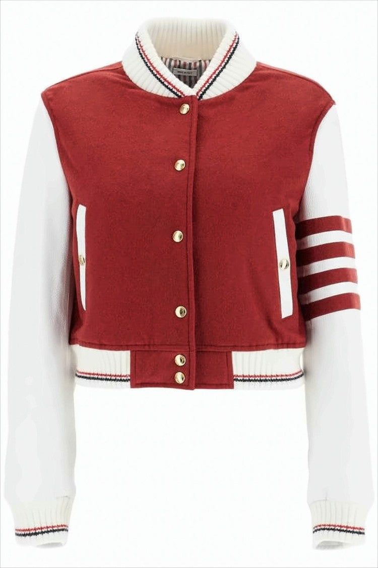 Thom Browne Cropped Varsity Jacket In Rich Red With Contrast Leather Sleeves