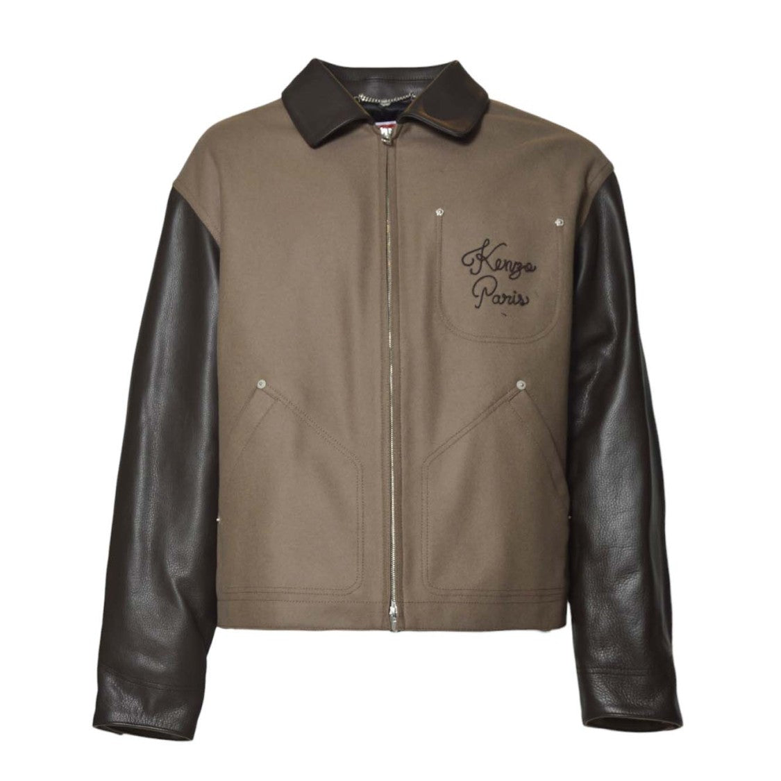 Kenzo Brown Wool Blouson With Leather Sleeves And Embroidered Detailing