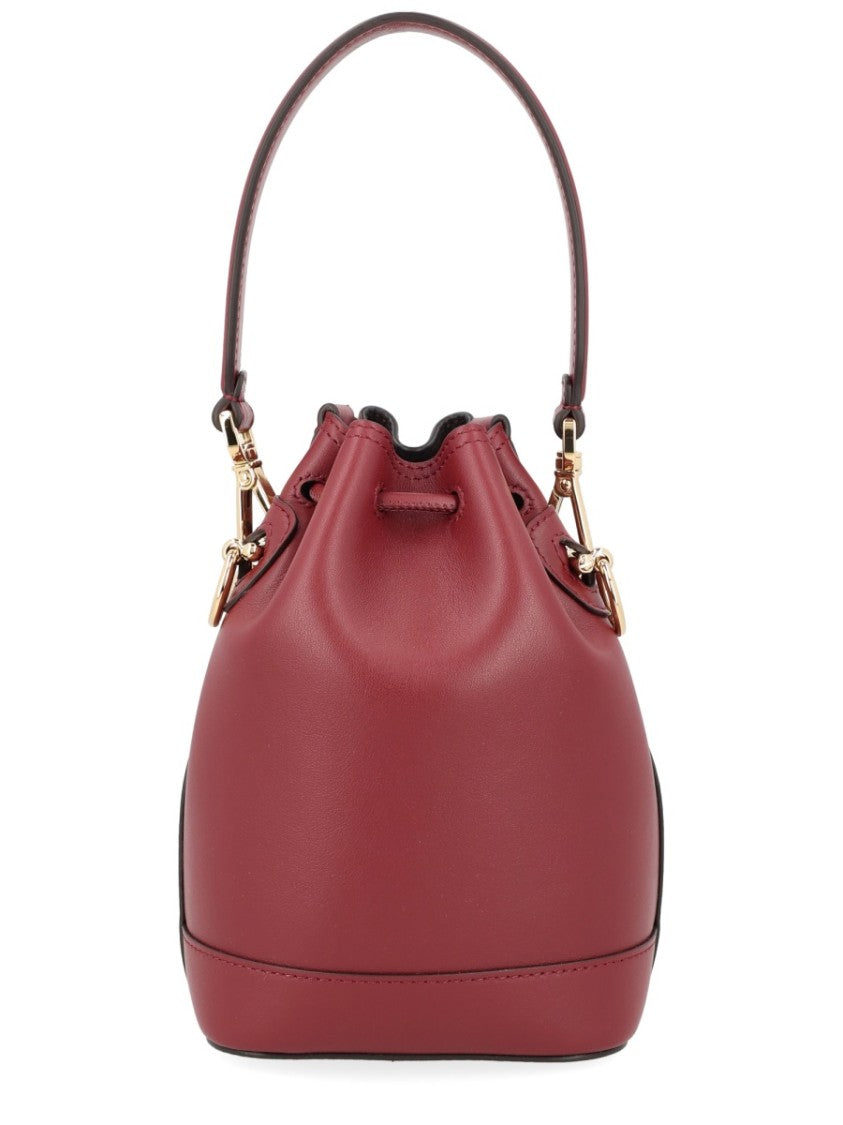 Fendi Compact Burgundy Leather Bucket Bag With Gold Hardware Accents