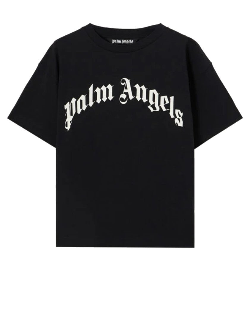 Palm Angels Curved Logo Black T-Shirt With Bold Graphic Design