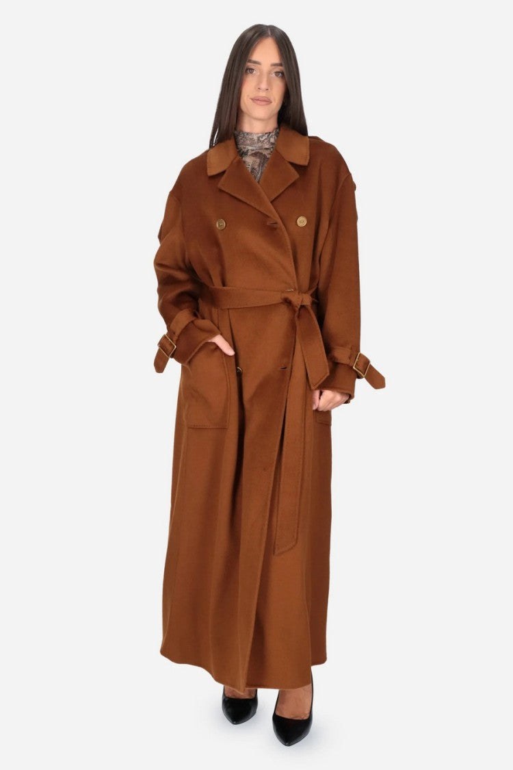 Elisabetta Franchi Cognac Double-Breasted Belted Wool Trench Coat
