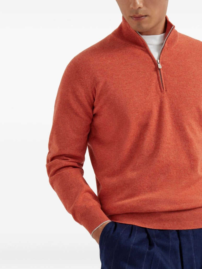 Brunello Cucinelli Ribbed Half-Zip Orange Sweater With High Collar