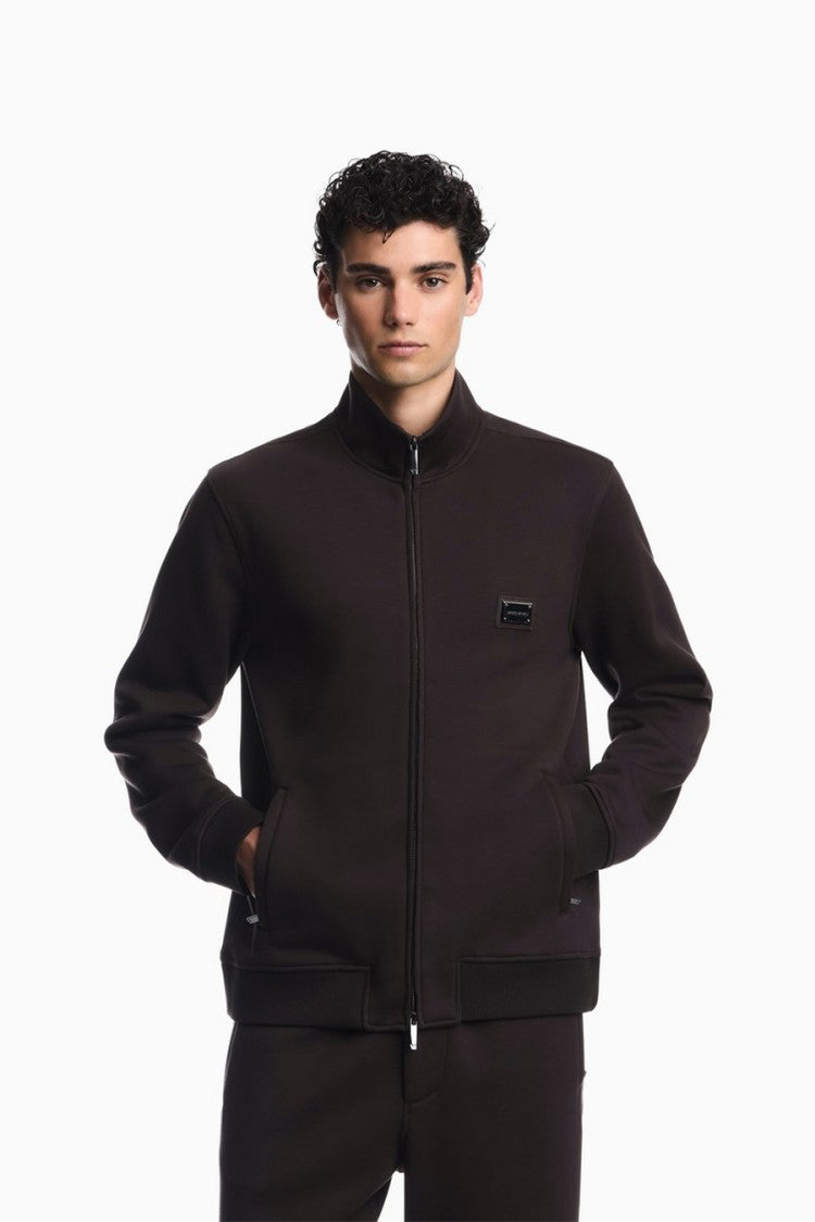 Emporio Armani Dark Brown Logo Plate Stand-Collar Modal Sweatshirt