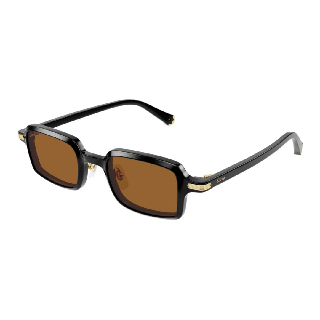 Cartier Glossy Black Rectangular Sunglasses With Brown-Tinted Lenses