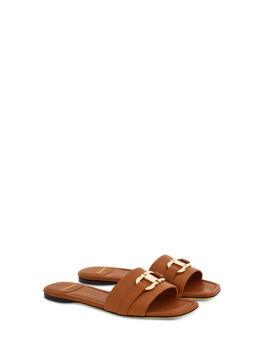 Ferragamo Flat Sandals With Polished Gold-Tone Buckle Detail