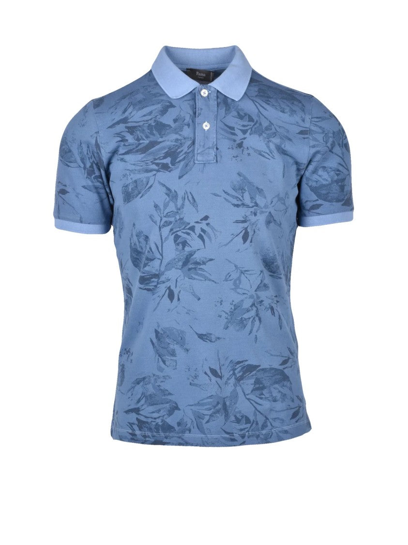 Fama Light Blue Leaf-Patterned Stretch Cotton Polo Shirt