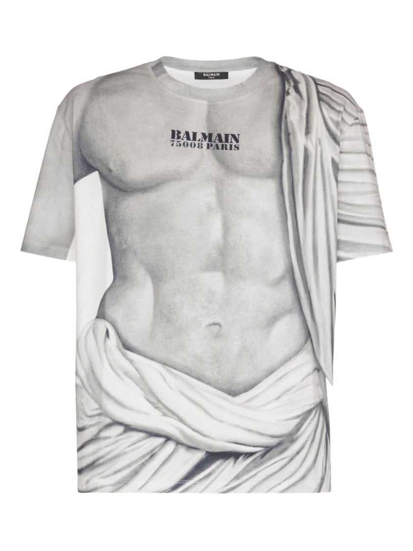 Balmain Light Grey Graphic Art Print T-Shirt