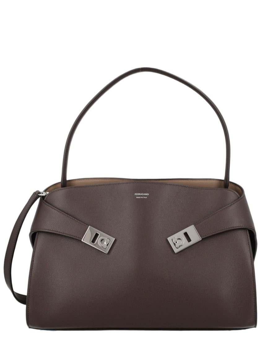 Ferragamo Brown Buckle Accent Calf Leather Shoulder Bag