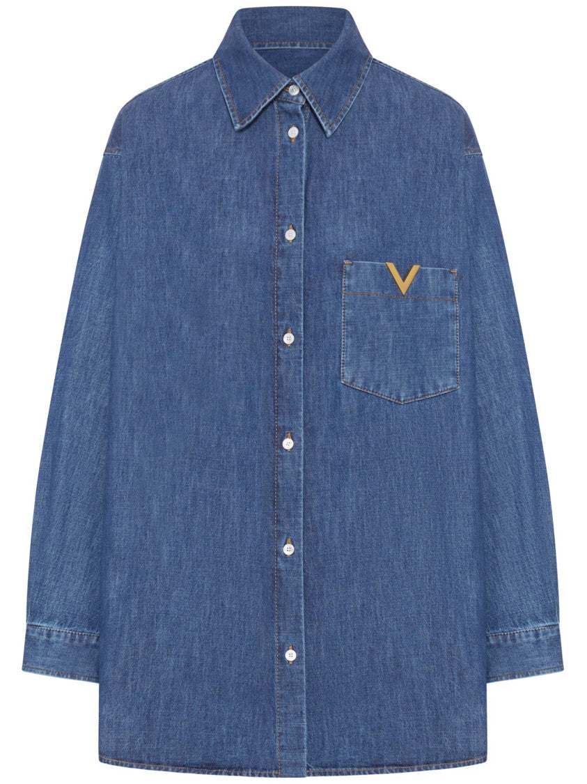 Valentino Blue Pointed Collar V-Detail Denim Shirt