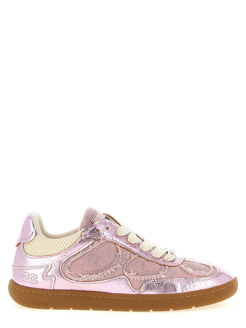 Ganni Denim-Effect Sneakers With Craqulé Metallic Finish