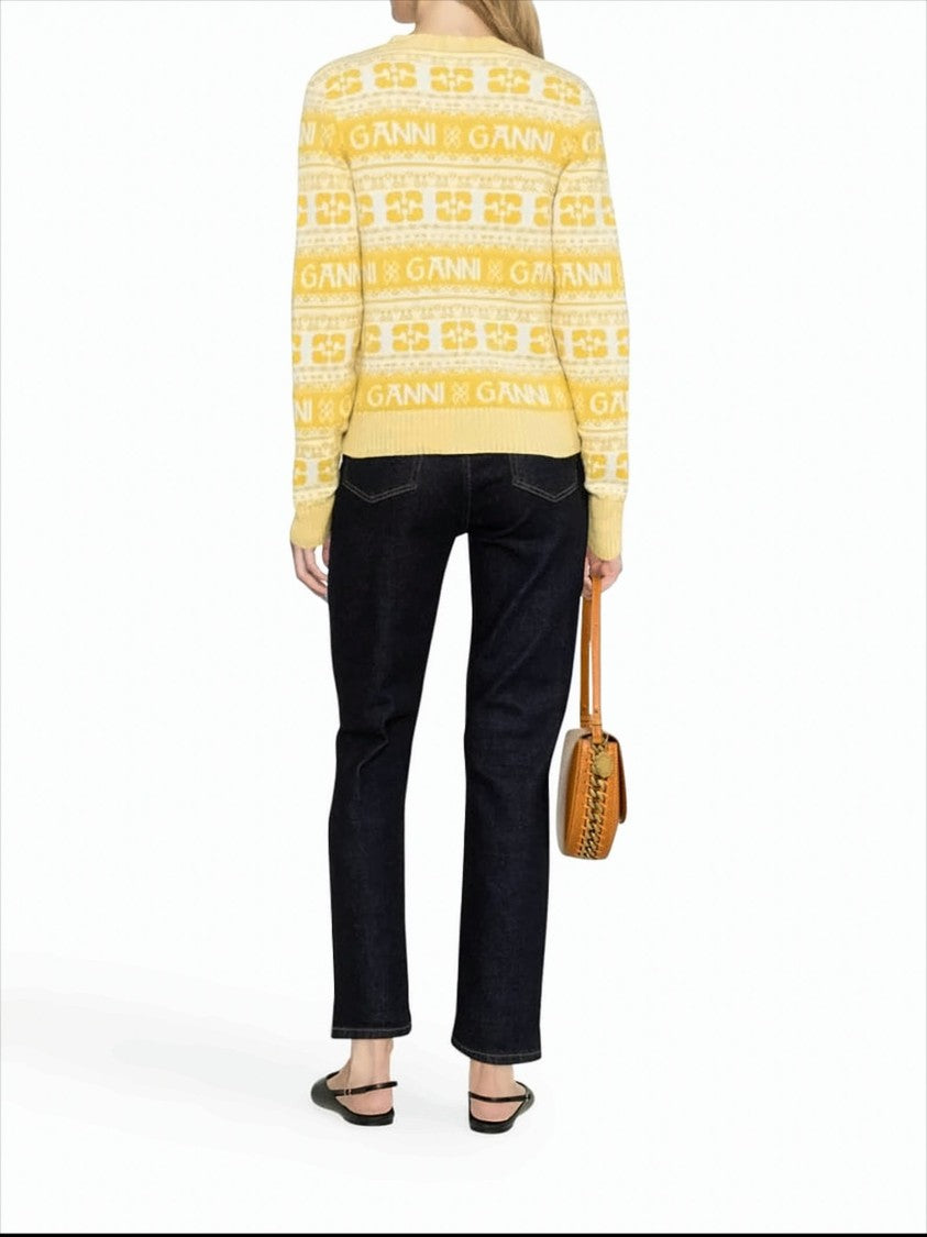 Ganni Cropped V-Neck Cardigan With Logo Motifs And Geometric Designs