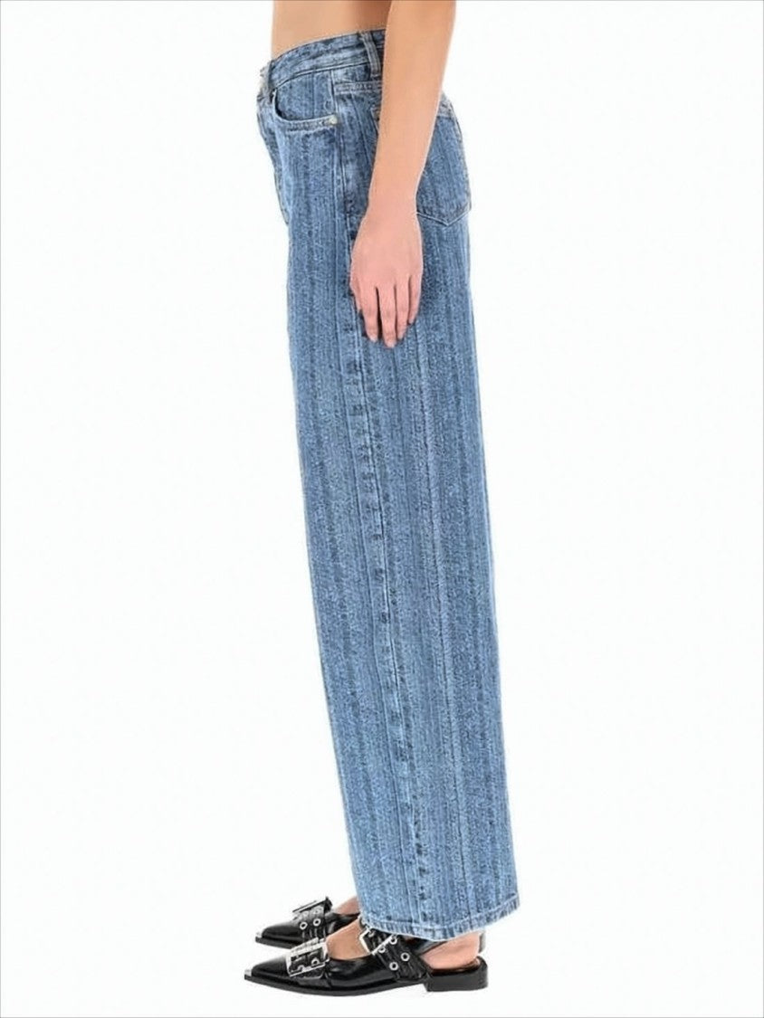 Ganni Wide-Leg Denim Pants With Vertical Striped Pattern
