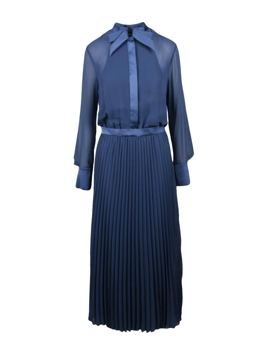 Emporio Armani Blue Pleated Sheer Bodice Bow Long Dress