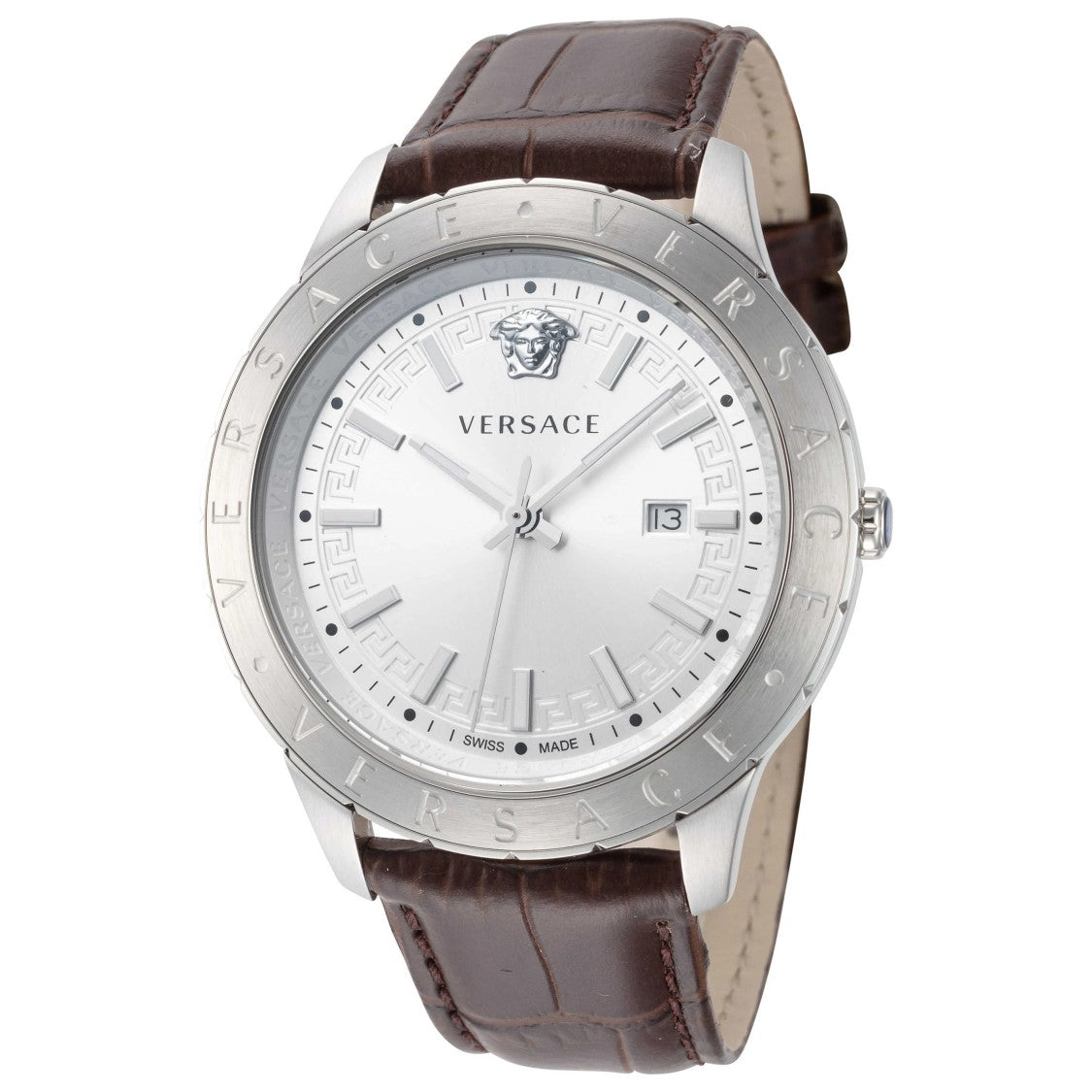 Versace Quartz 43Mm Stainless Steel Watch With Brown Leather Strap