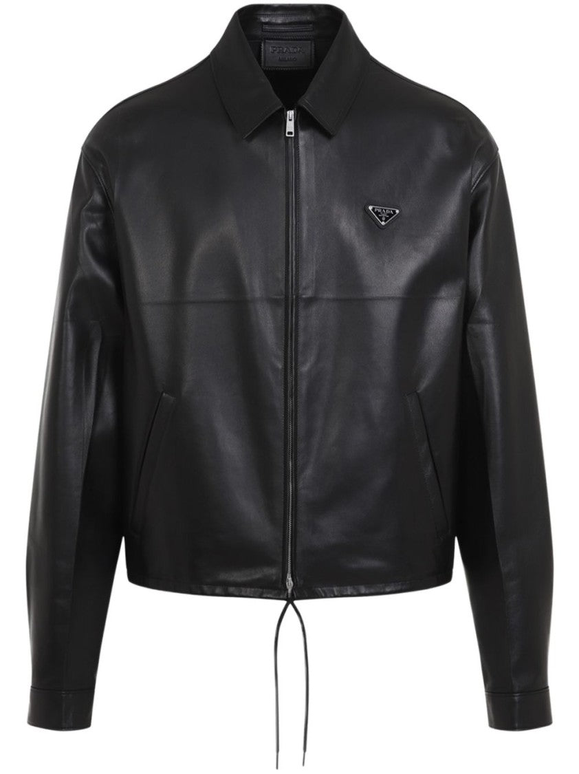 Prada Cropped Black Leather Coat With Design