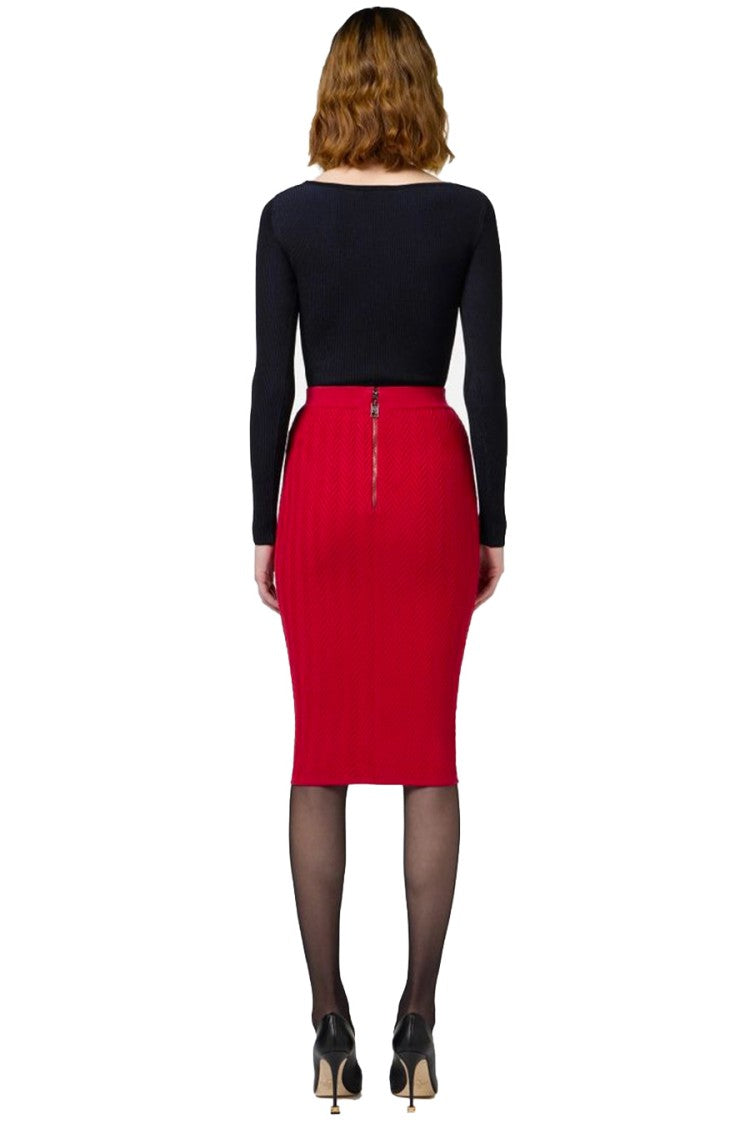 Elisabetta Franchi Textured Herringbone Midi Skirt With Chain Detail