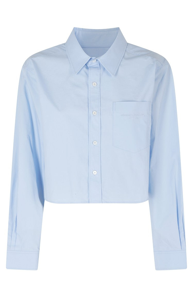 Alexander Wang Oxford Blue Cropped Embroidered Logo Organic Cotton Shirt