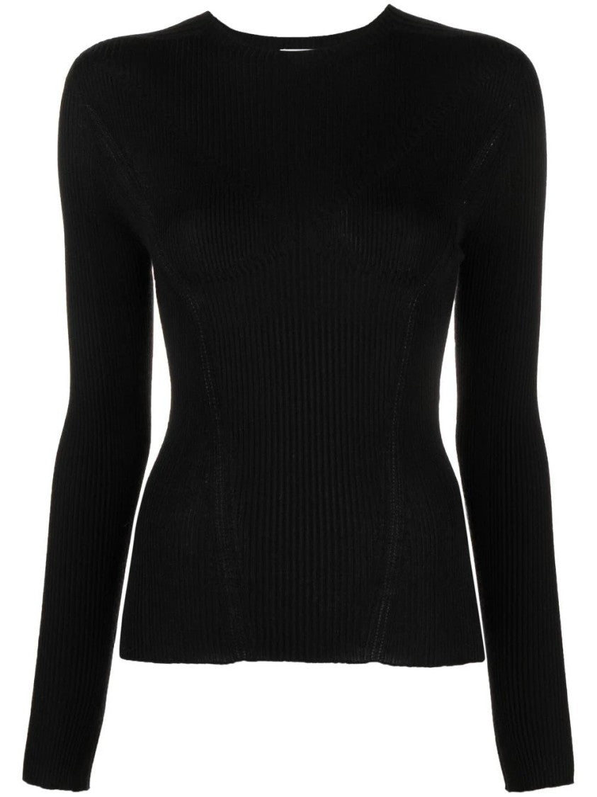 Lanvin Ribbed Silk Round Neck Long Sleeve Top