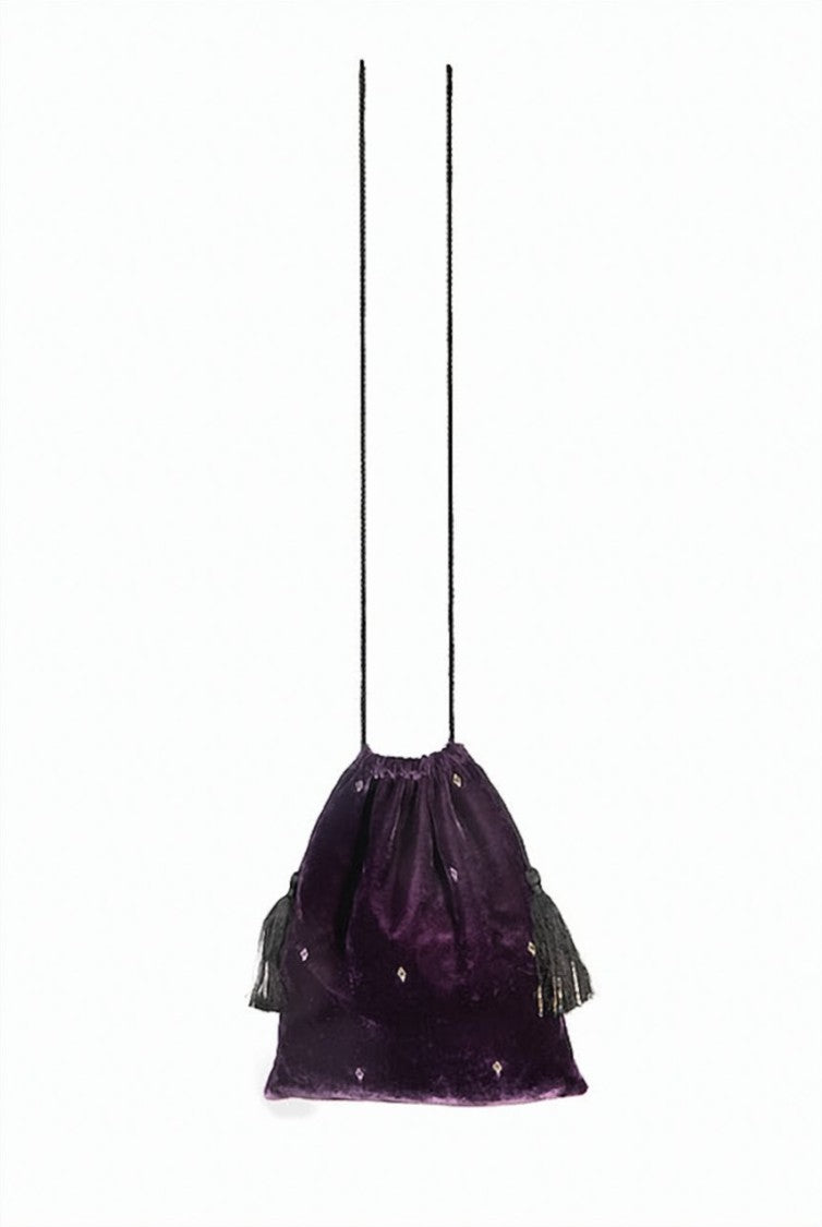 Hamoulet Amethyst Velvet Bucket Bag With Gold Embroidery And Tassels