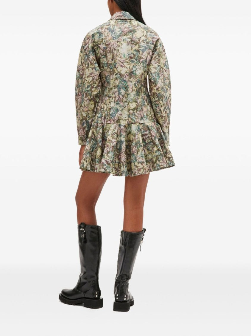 Ganni Green Floral Mini Dress With Ruffled Hem