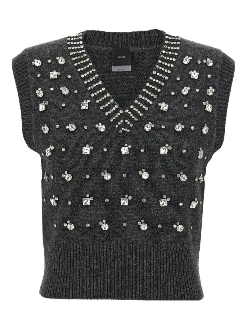 Pinko Sleeveless Knit Vest With Rhinestone Accents