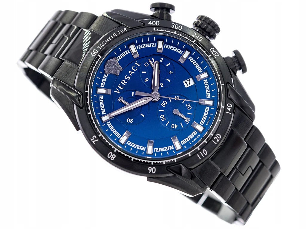 Versace V-Ray Chronograph Watch With Blue Dial And Steel Bracelet