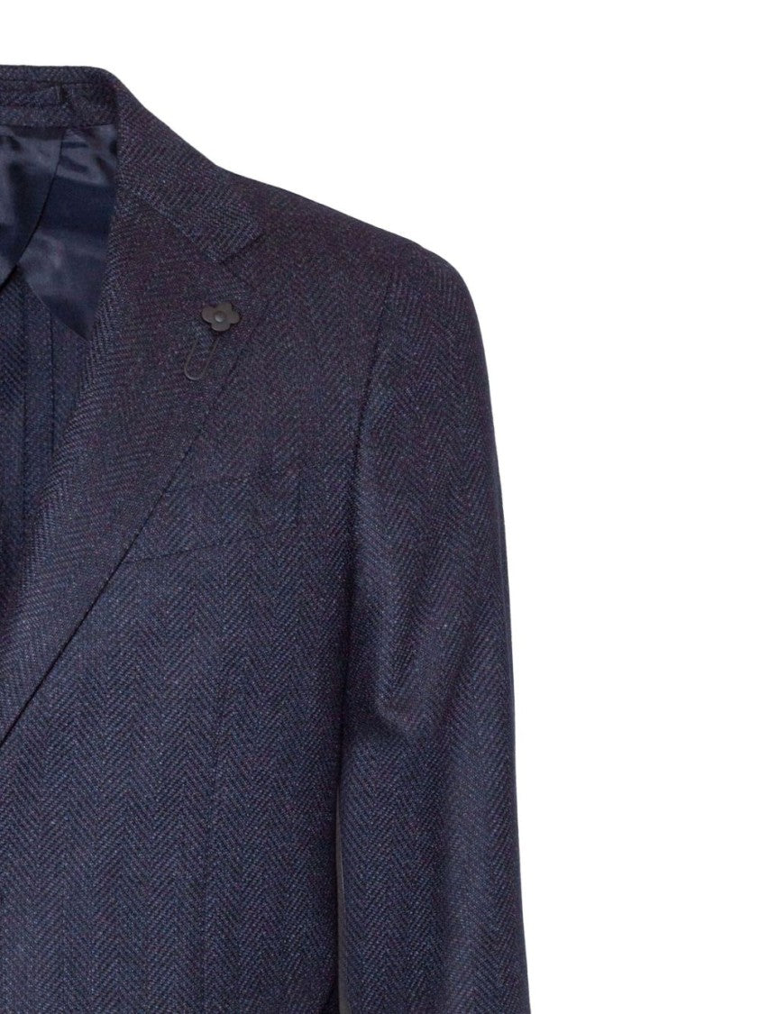 Lardini Blue Herringbone Weave Blazer With Brooch Detail