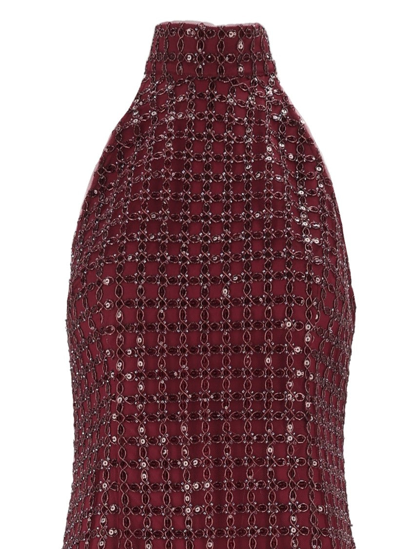 Rotate Burgundy Tight-Fit Beaded Maxi Dress