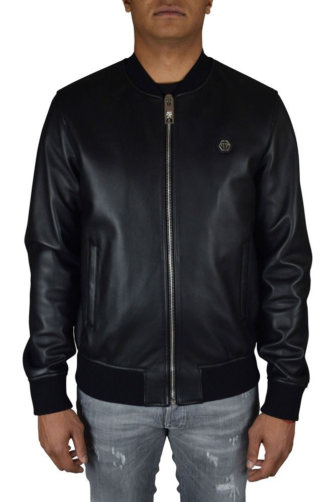 Philipp Plein Smooth Black Leather Bomber Jacket