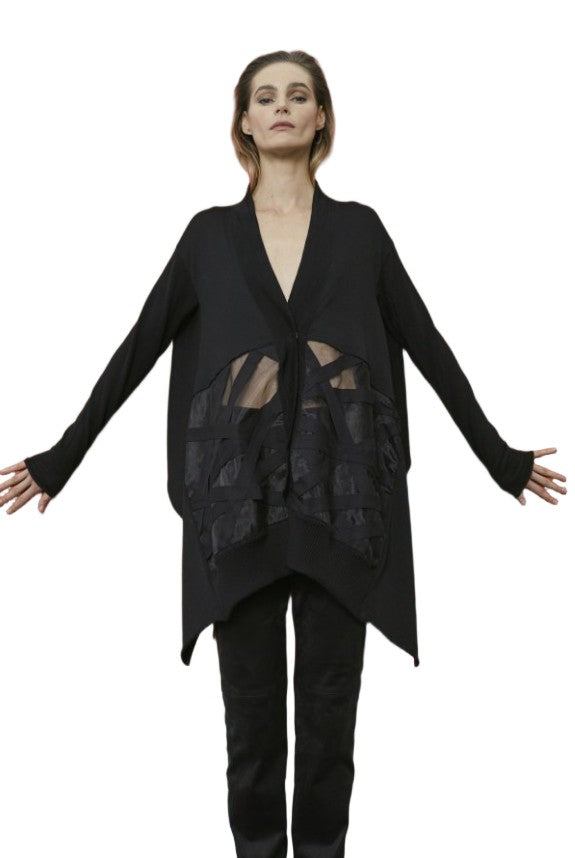 Pier Antonio Gaspari Black Sheer Panel Asymmetrical Loose-Fit Cardigan