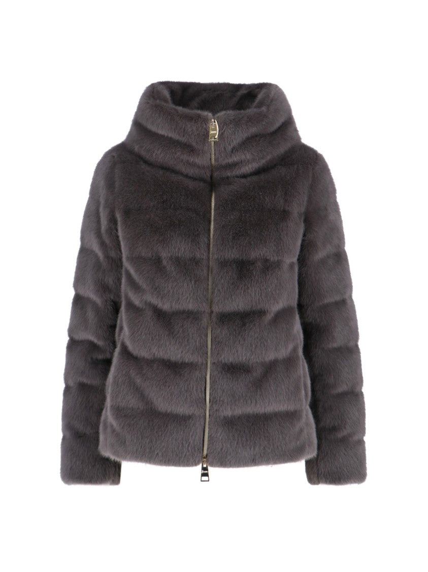 Herno Quilted High-Collar Grey Faux Fur Coat