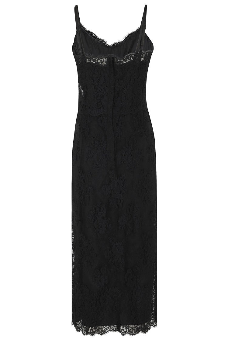 Dolce & Gabbana Black Sweetheart Neck Scalloped Hems Cotton-Blend Midi Dress