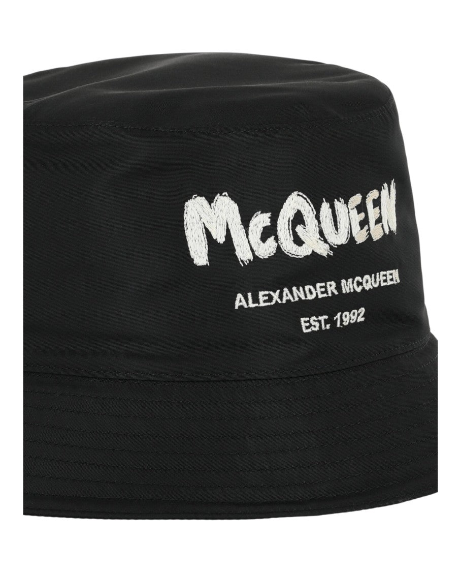 Alexander Mcqueen Black Bucket Hat With Graffiti Embroidered Logo And Snap-Button Accent