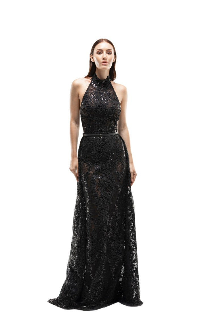 Saiid Kobeisy Floor-Length Embroidered Lace Dress With Halter Neckline And A-Line Overskirt