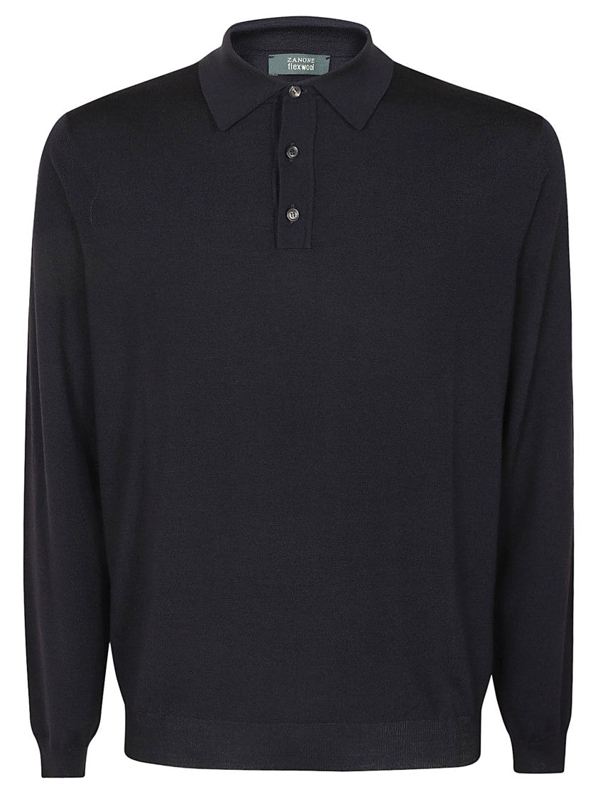 Zanone Relaxed-Fit Black Wool Polo With Classic Collar