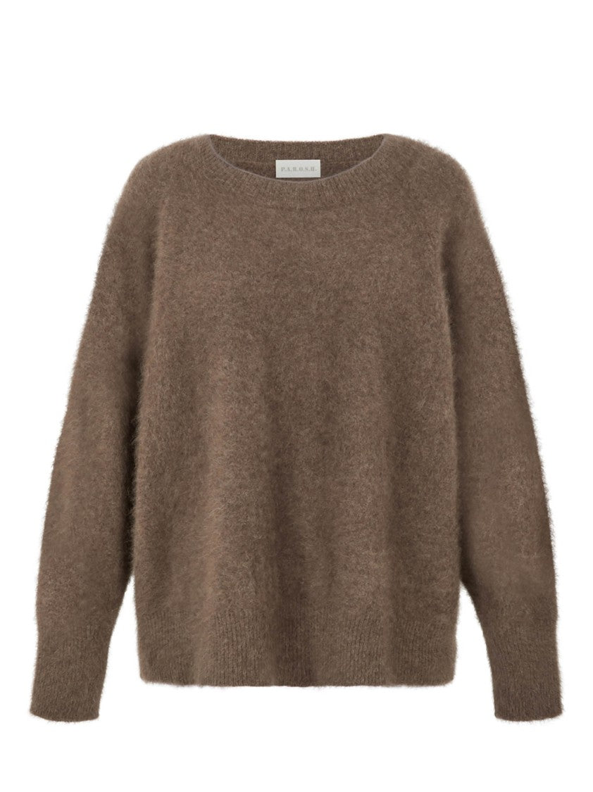 Parosh Chestnut Raccoon Fur Crew Neck Sweater