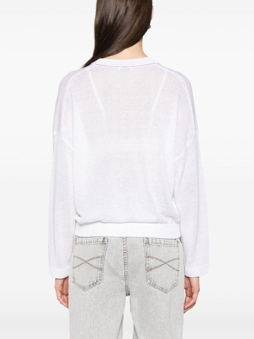 Brunello Cucinelli White Linen-Silk All-Over Sequins Sweater